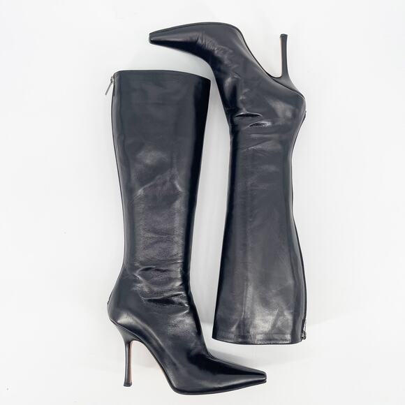 Jimmy Choo Peony Black Leather Pointed Square Toe Knee High Heeled Boot IT 39 - Picture 3 of 12